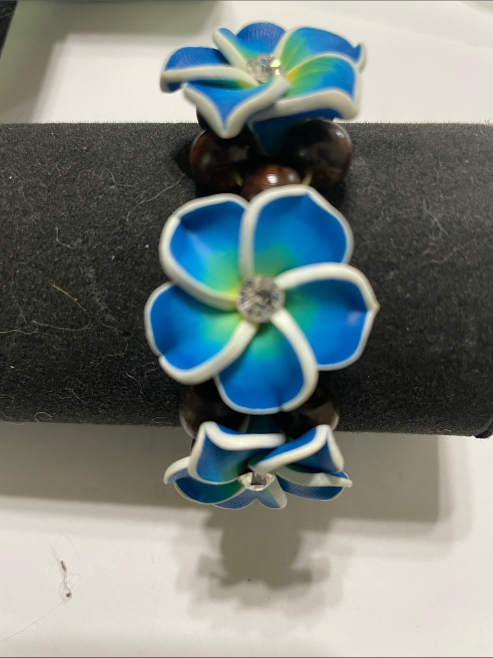 Summer - Blue Plumeria Flower Stretch Bracelet with Rhinestone Accent